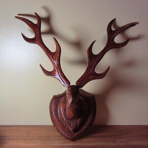 carved vintage wood deer bust head wall mount antler sculpture (W5115)